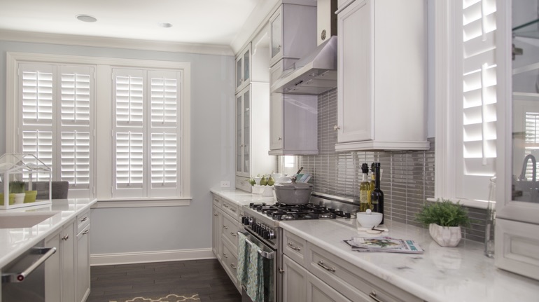 Polywood shutters in Kingsport kitchen with marble counter.